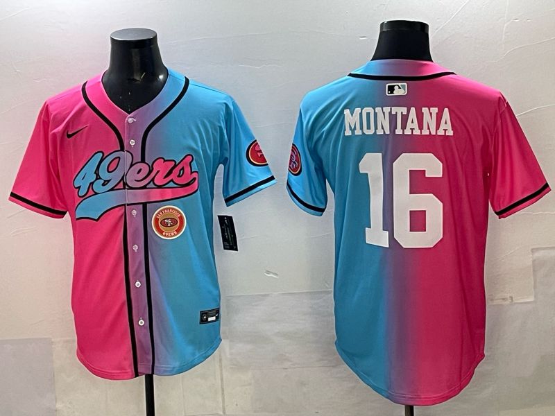 Men 2025 San Francisco 49ers 16 Montana Pink Blue Nike Limited NFL Jersey 013